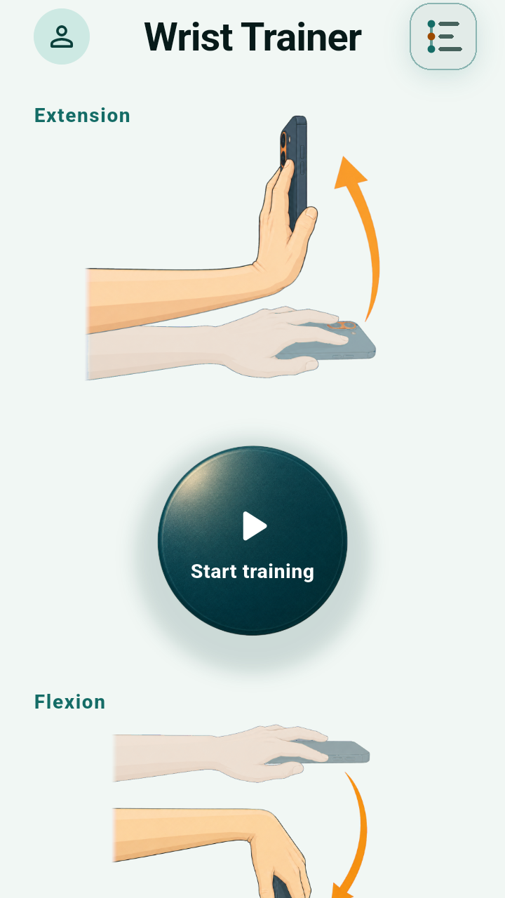 Wrist Trainer home screen with extension, flexion, and the Start training button