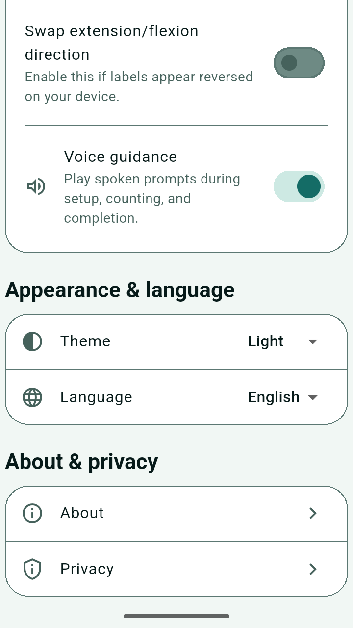 Wrist Trainer settings screen with training settings, voice guidance, appearance and language, and about and privacy